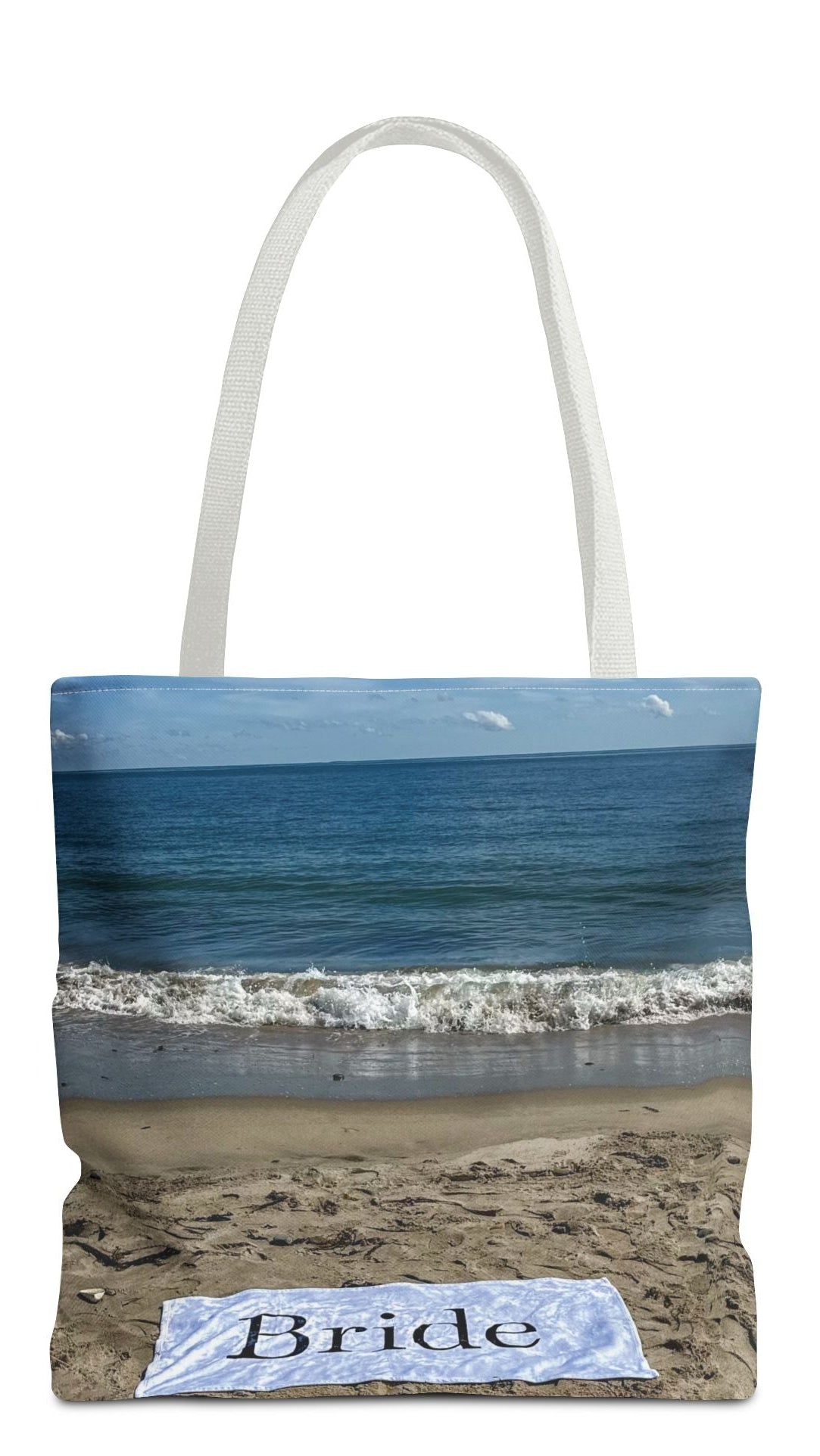Bride Tote Bag 18" x 18" Same Print on Both Sides with White Handles. "Bride Beach Sand Bride Bag"