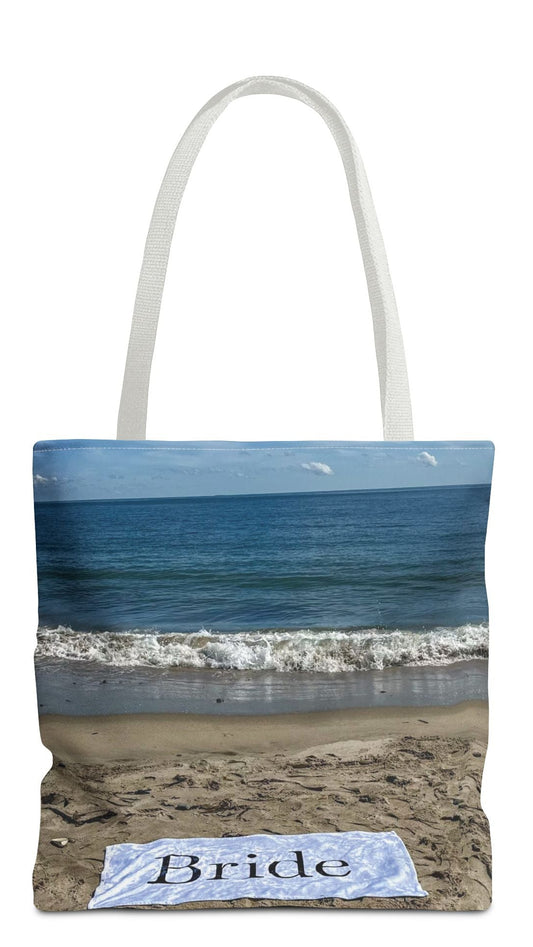 Bride Tote Bag 18" x 18" Same Print on Both Sides with White Handles. "Bride Beach Sand Bride Bag"