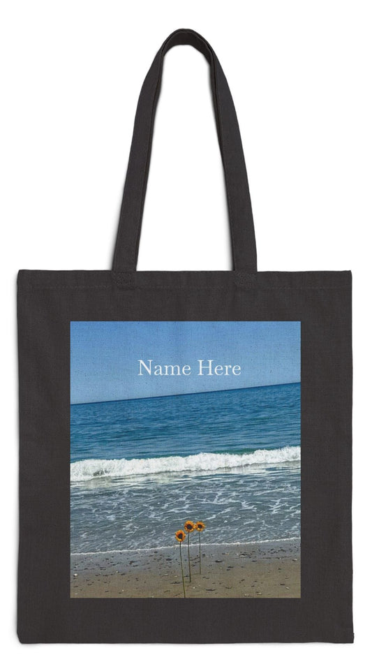 Floral Tote Bag Black 15" x 16" Cotton Canvas Print on One Side. "Beachfront Flowers " (Personalize it)