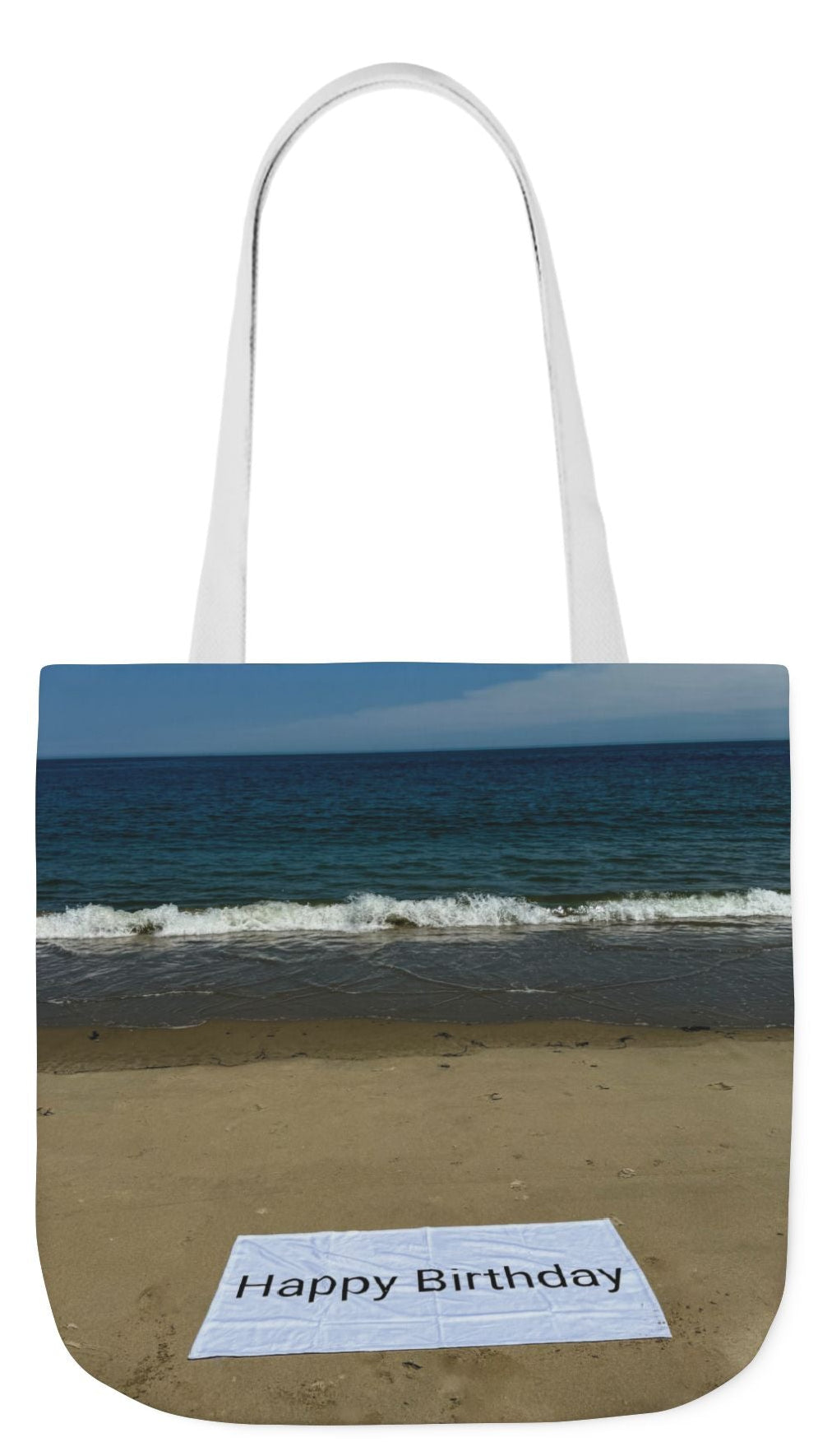 Birthday Tote Bag 18" x 18" different print on each side. 3 handle color options. "Beach & Beach Sand Birthday"