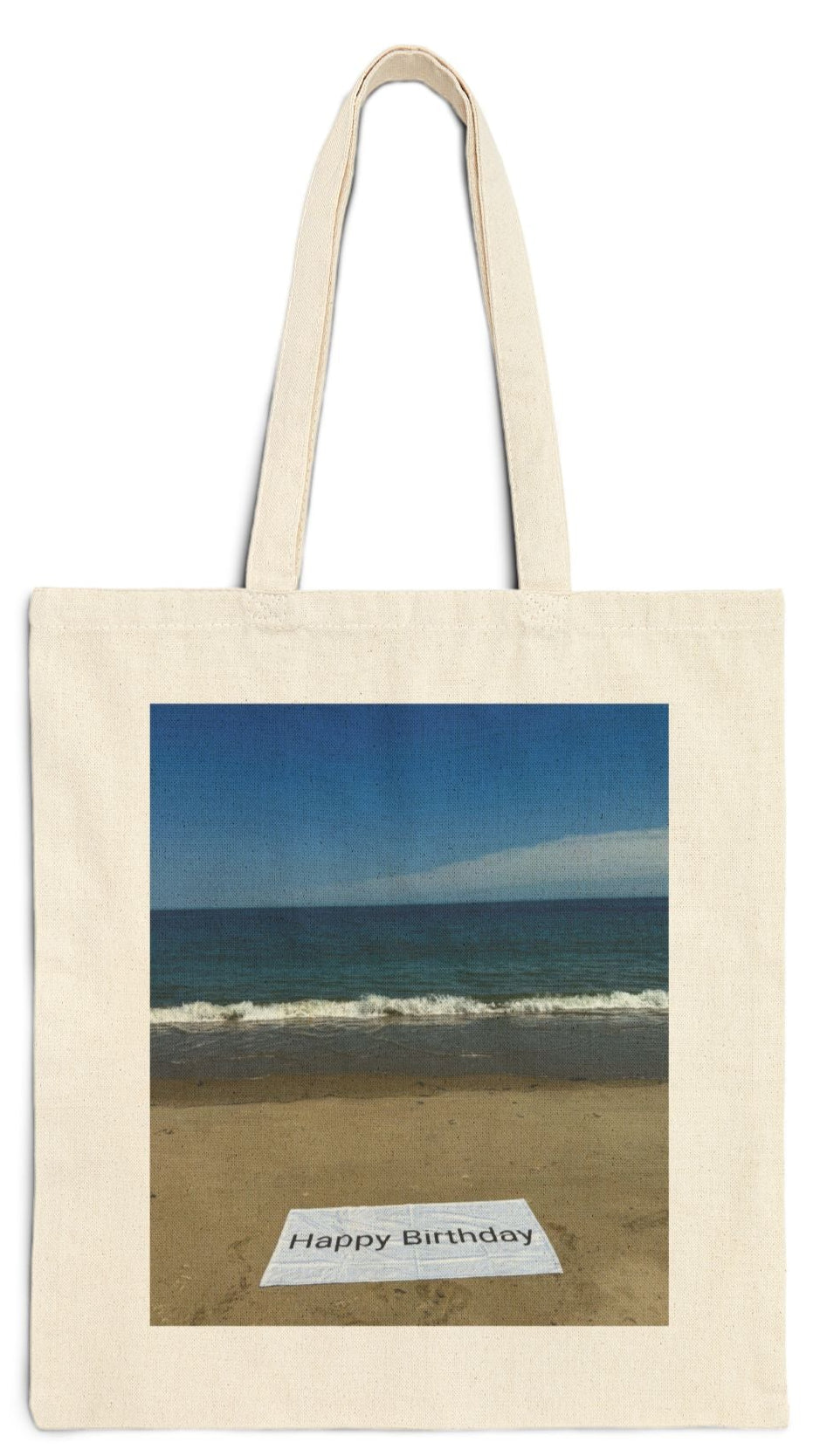 Birthday Tote Bag Natural Color 15" x 16" Cotton Canvas Print on One Side. "Beach Sand Birthday"