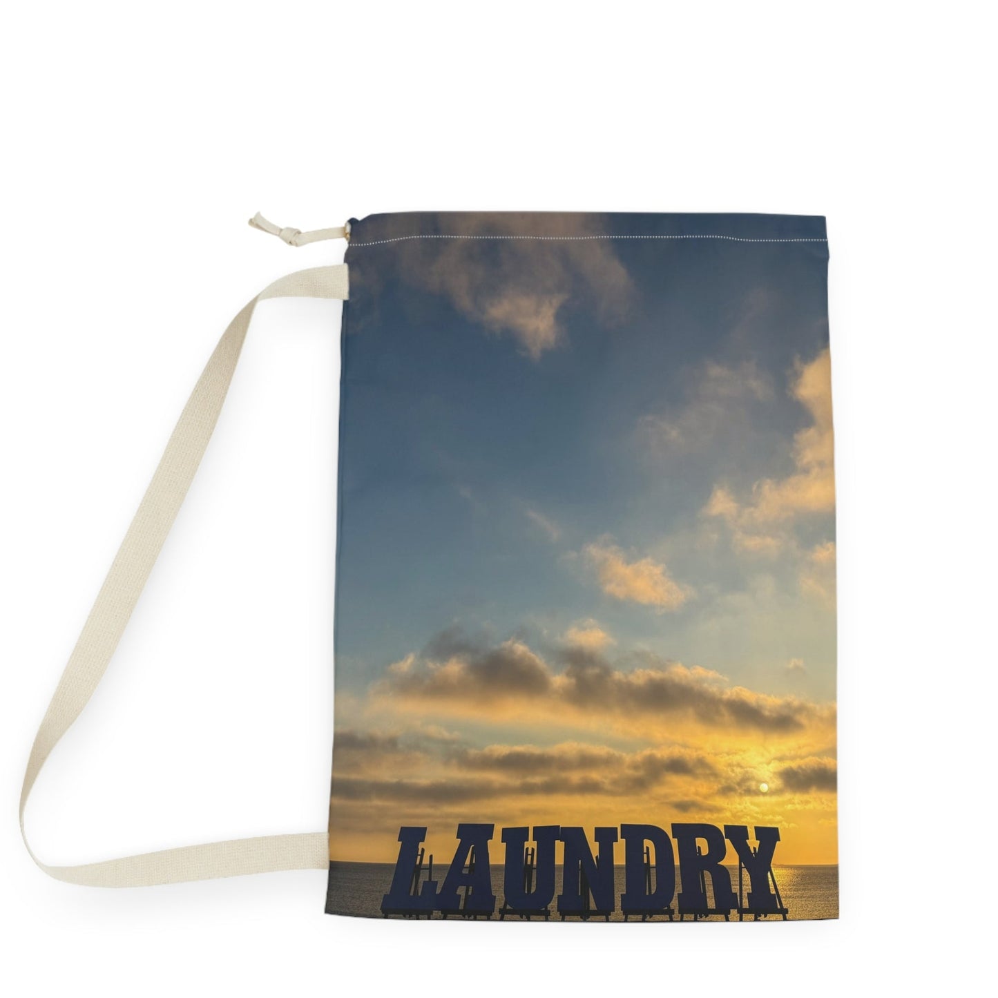 Laundry Bag with a Strap and Drawstring and Same Print on Each Side 28” x 36” “Seaside Sunrise Laundry”