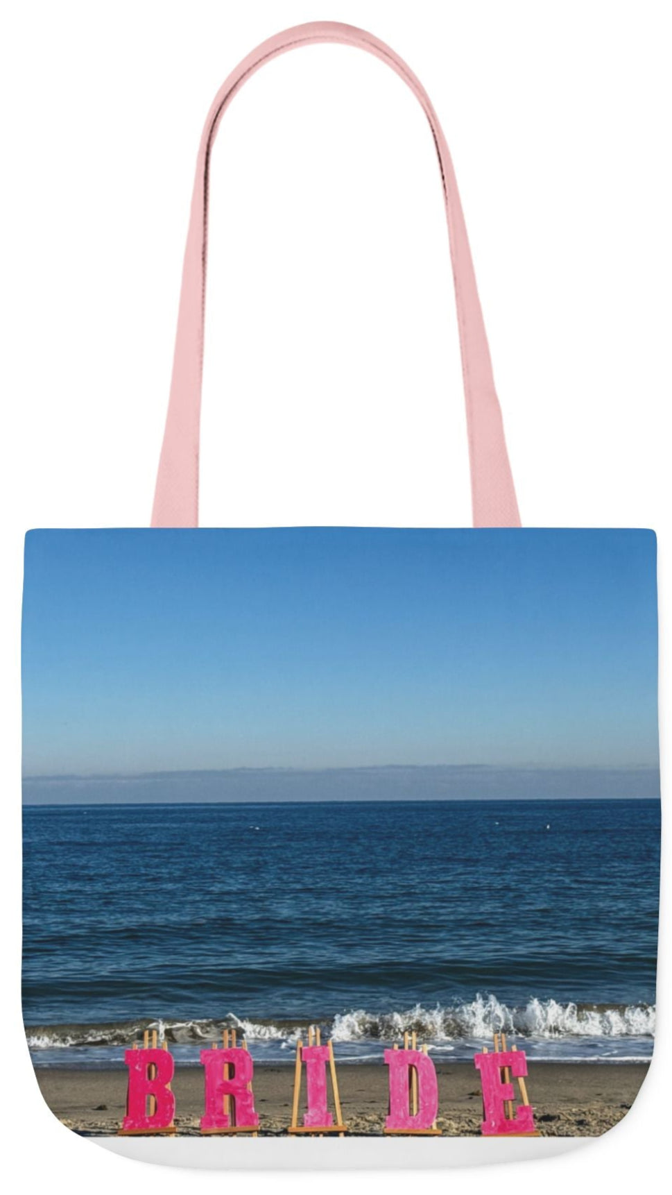 Bride Tote Bag 18" x 18" with allover same print on each side. Pink or white handle choice. "Beach Bride Bag"