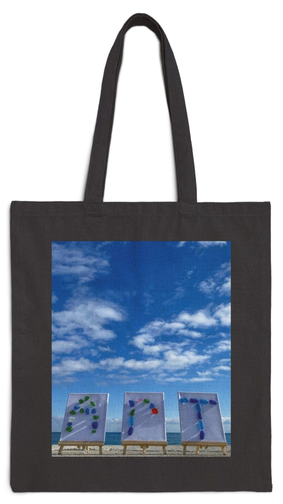 Art Tote Bag Black 15" x 16" Cotton Canvas Different print on Each Side. "Beach Art & Seaside Art”