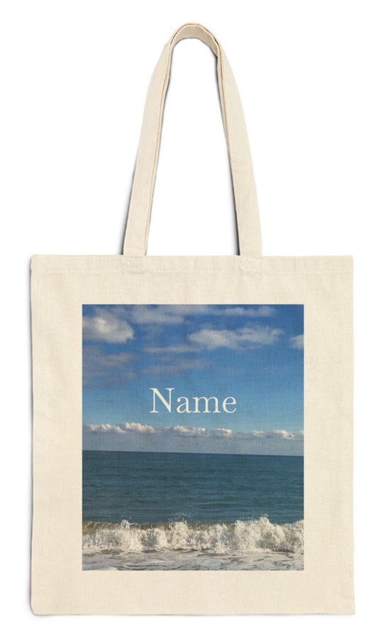 personalized bridesmaid tote bag in natural color cotton canvas big waves design