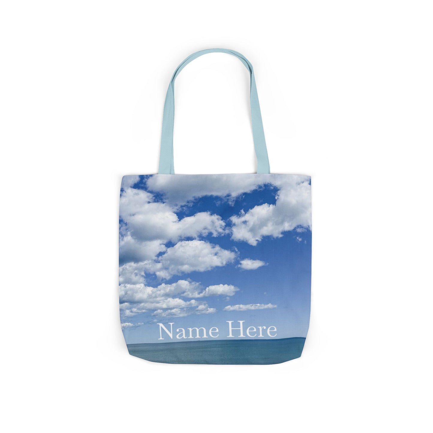 Everyday Tote Bag 18” x 18” same print on each side. 3 Handle Color Options. “Seaside Bright Clouds Personalized”