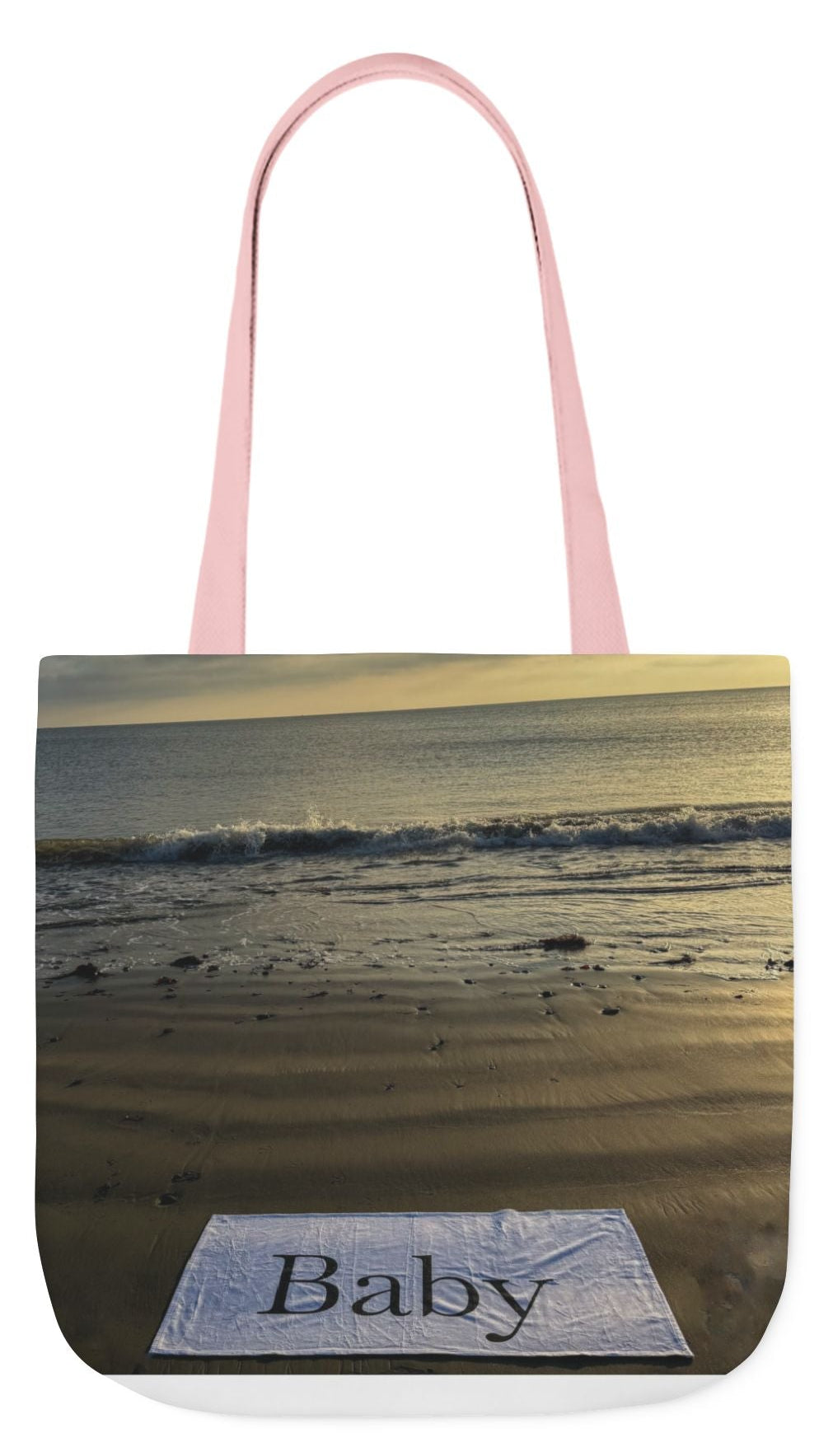 Baby Tote Bag 18" x 18" same print on each side. White, Blue or Pink Handles Option. "Daybreak Baby Tote Bag Personalized"