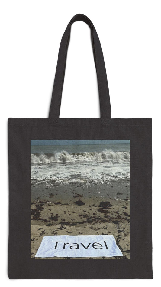 Travel Tote Bag Black 15” x 16” Cotton Canvas Print on One Side. “Wild Waves Travel Bag”