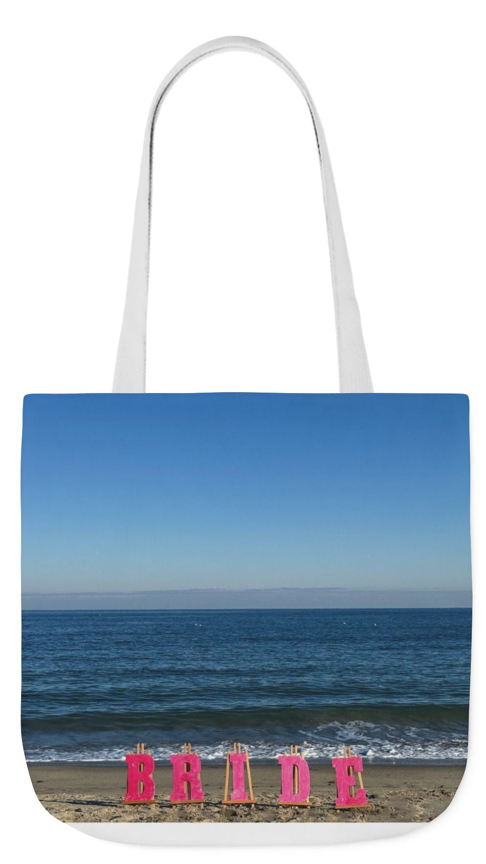 Bride Tote Bag 18” x 18” different print on each side. Pink or White Handles option. “Seaside & Beach Bride Bag”