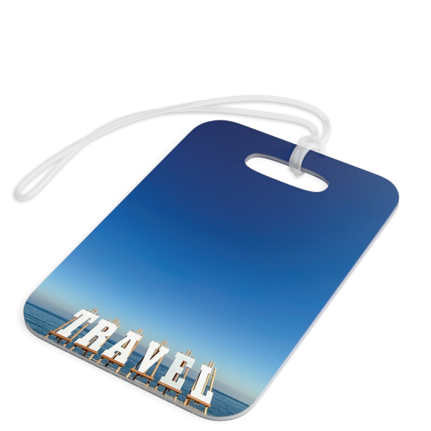 Plastic Luggage Tag Same Print on each side with a Glossy Finish and clear Acrylic tie. "Seaside Travel Tag"