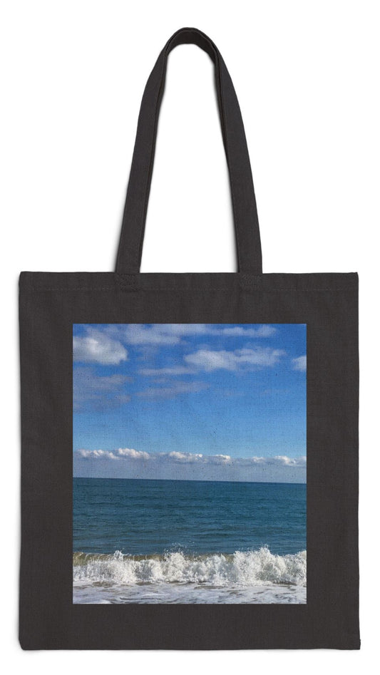 Beach Tote Bag Black 15" x 16" Cotton Canvas Print on One Side. "Big Waves"