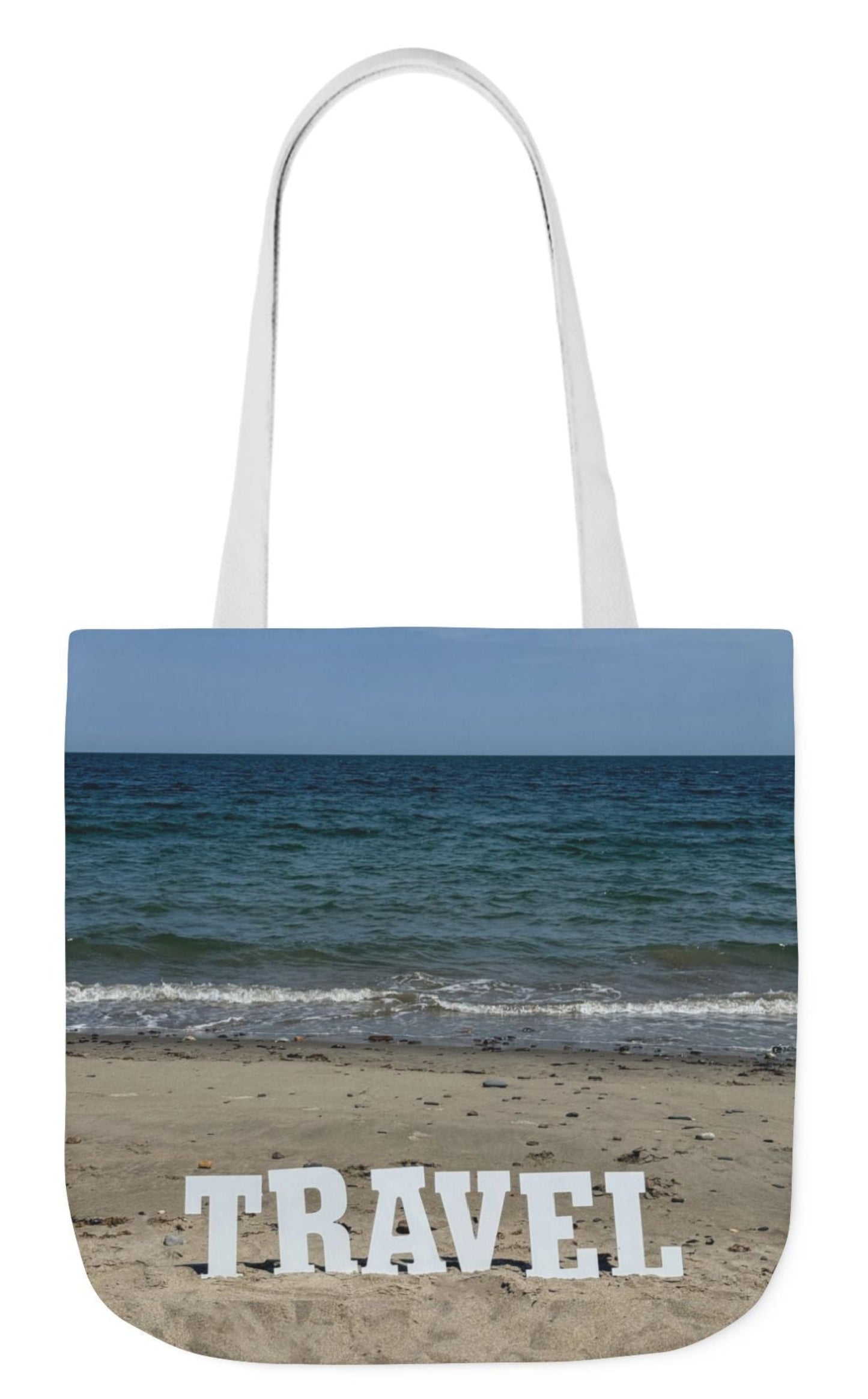 travel tote bag white handles matching beach scene each side