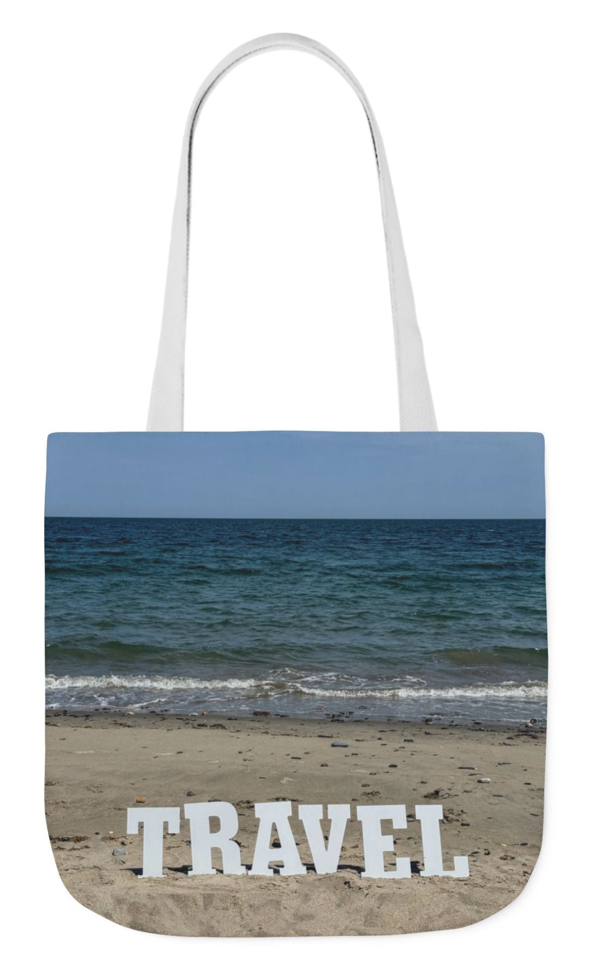 travel tote bag white handles matching beach scene each side