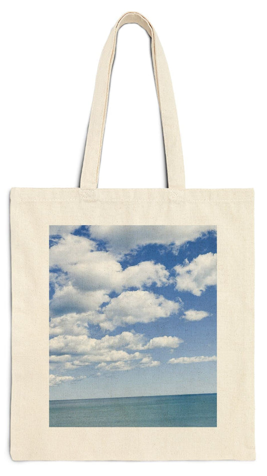 Everyday Tote Bag 15" x 16" Natural Color Cotton Canvas Tote Bag. “ Seaside Bright Clouds”