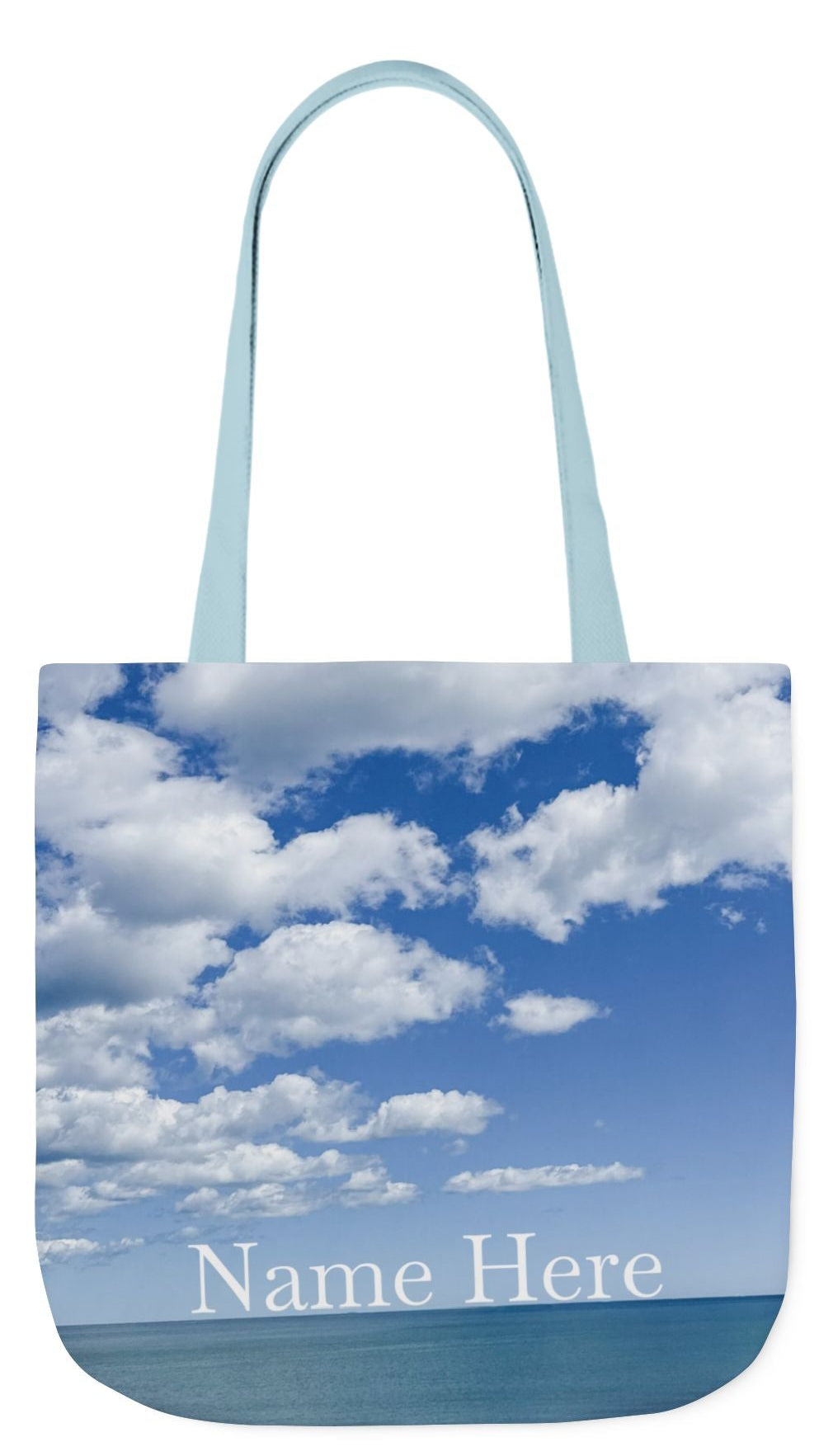 Personalized Everyday Tote Bag 18” x 18” same print on each side. 3 Handle Color Options. “Seaside Bright Clouds”