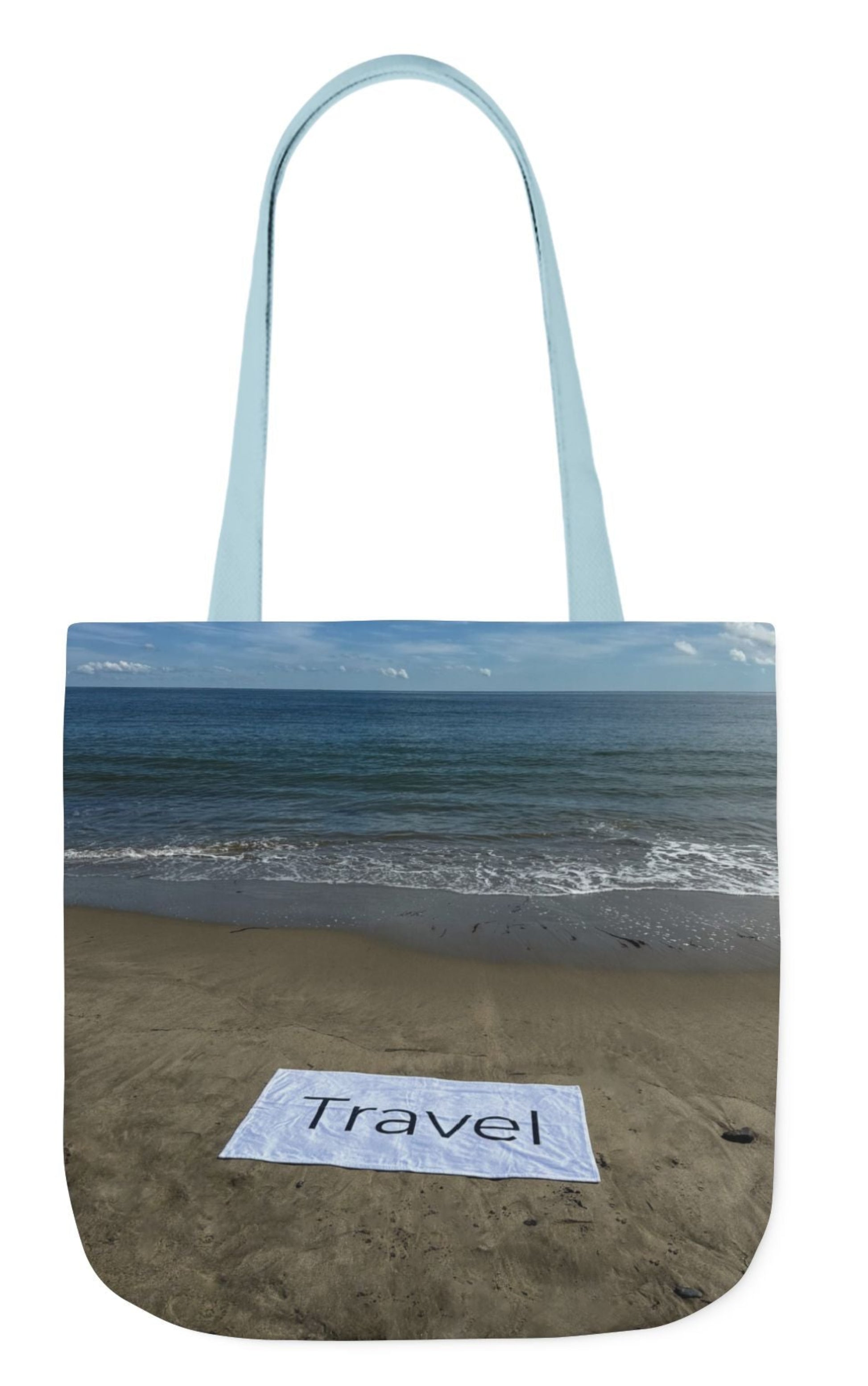 travel tote bag with blue handles matching beach scene each side