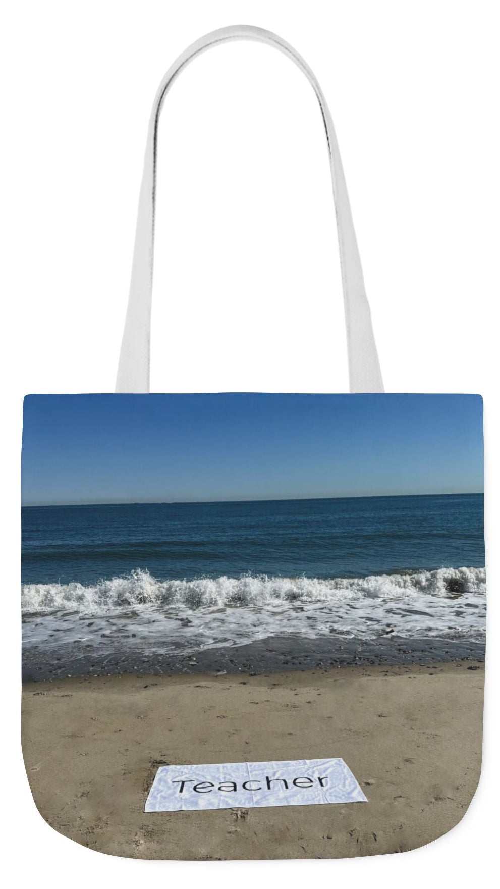 Teacher Tote Bag 18” x 18”  same print on each side. 5 Handle Color Options. “Beachfront Teacher Bag”
