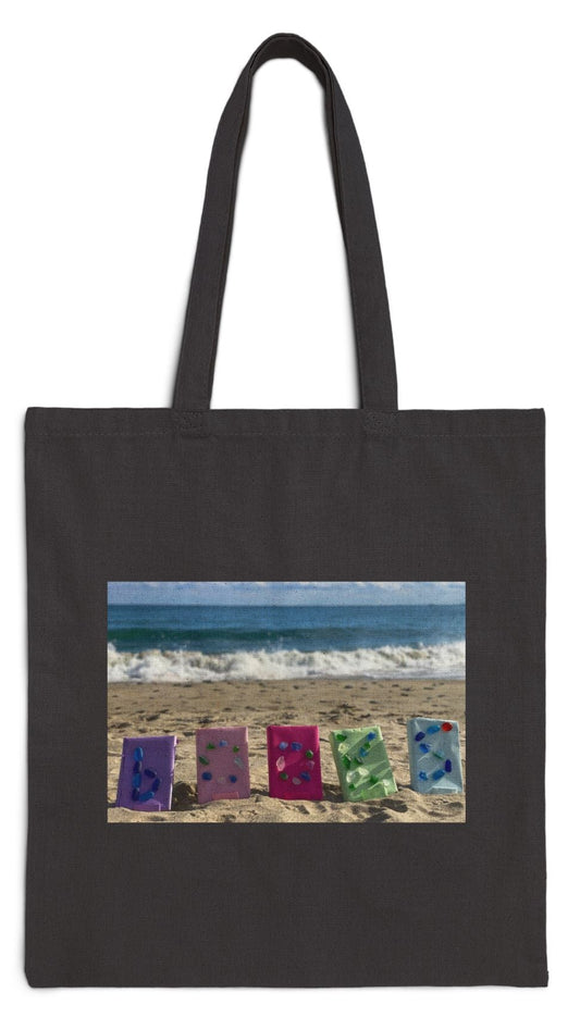 Book Tote Bag Black 15" x 16" Cotton Canvas Print on One Side. "Books on the Sand"