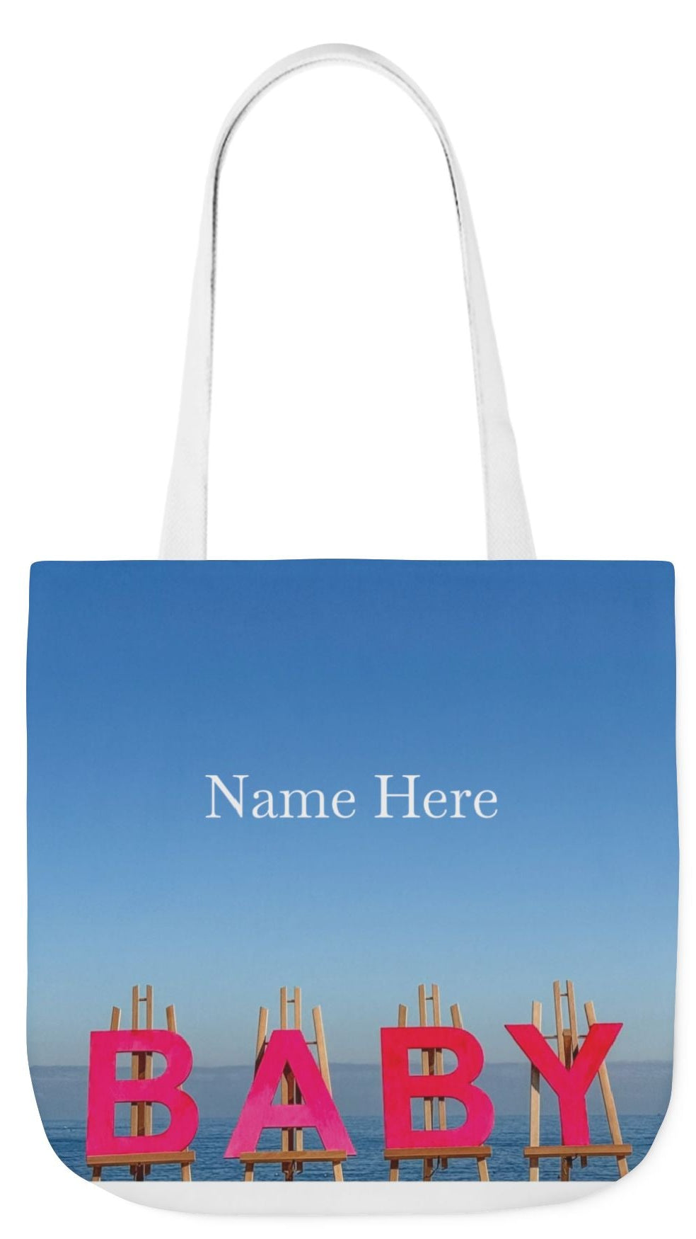 Baby Tote Bag (Pink Handles) 18”x 18” same print on each side with pink or white handles options. “Shoreline Baby Tote Bag Personalized"