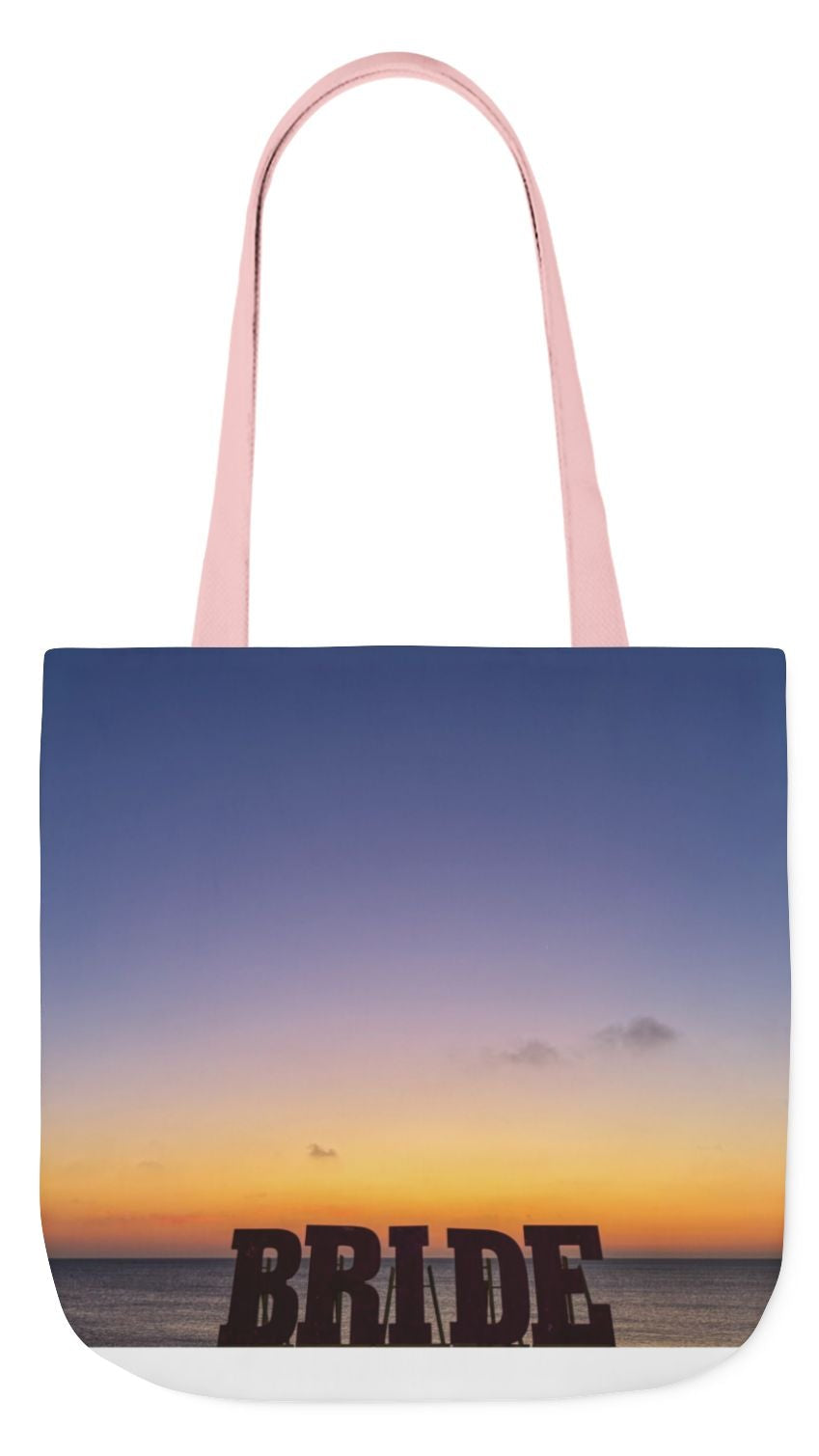 Bride Tote Bag 13” x 13” same print on each side. Handle color choice of Pink or White. “Daybreak Bride Bag Personalized”