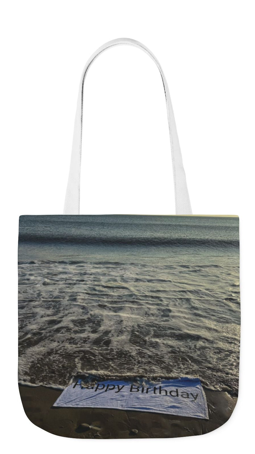 Birthday Tote Bag 13” x 13” different print on each side. 3 Handle Color Options. “Beachfront Birthday Bag Personalized”