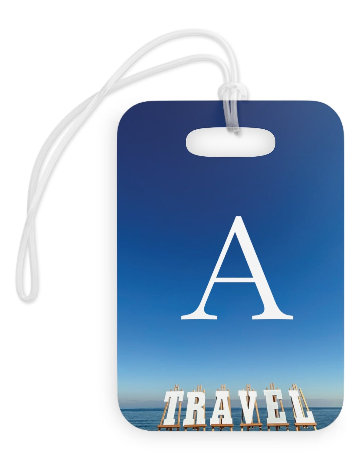 Plastic Luggage Tag Personalized Same Print on each side with a Glossy Finish and clear Acrylic tie. "Seaside Travel Tag"
