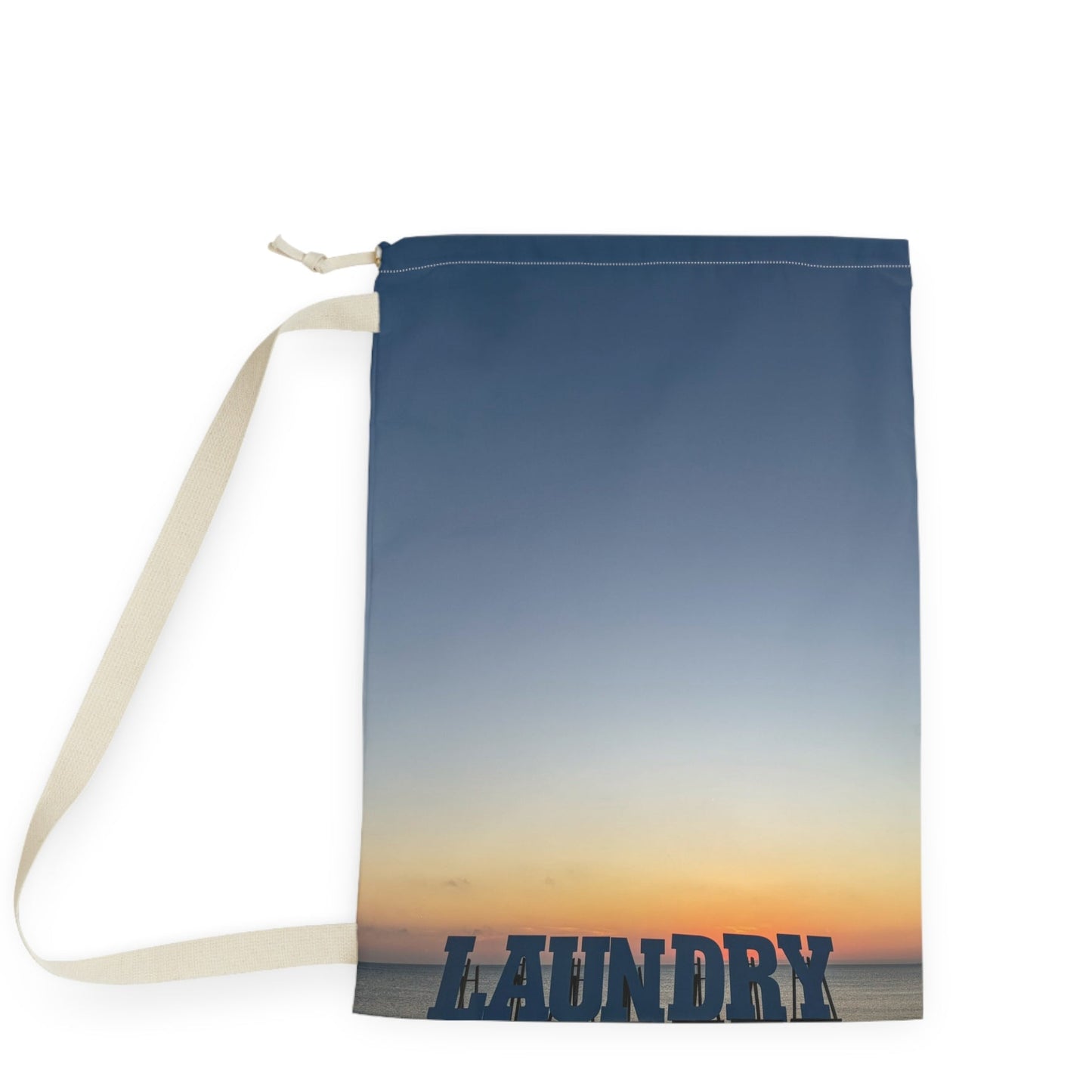 Laundry Bag with a Strap and Drawstring. Same Print on Each Side. “28 x 36” “Seaside Daybreak Laundry”