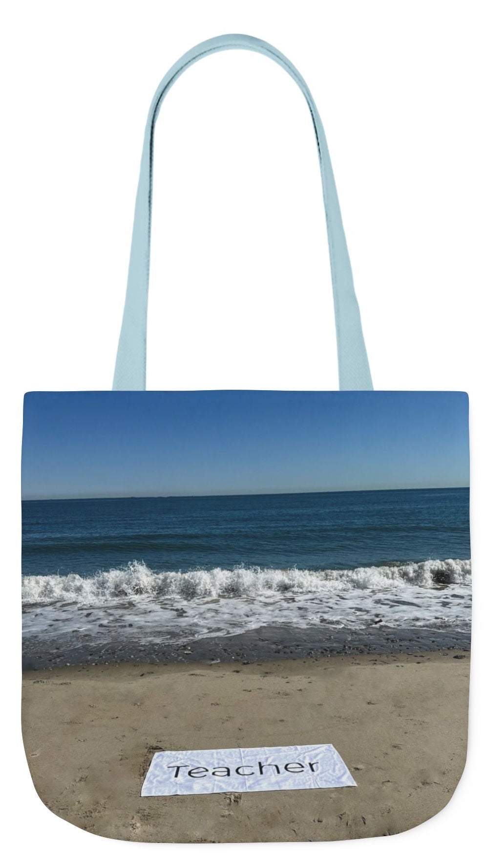 Teacher Tote Bag 18” x 18”  same print on each side. 5 Handle Color Options. “Beachfront Teacher Bag”