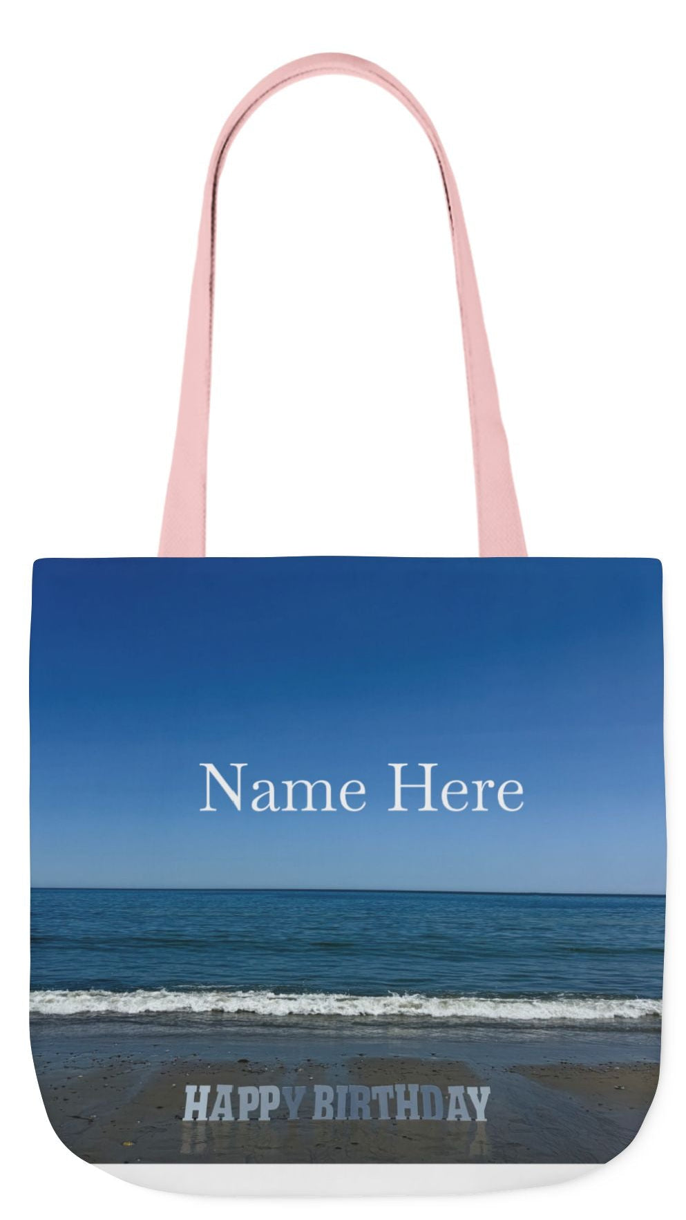 Birthday Tote Bag 18" x 18" different print on each side. 3 handle color options. "Beach & Beach Sand Birthday Personalized”