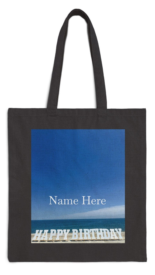 Birthday Tote Bag Black 15" x 16" Cotton Canvas Print on One Side. "Shoreline Birthday" (Personalize it)