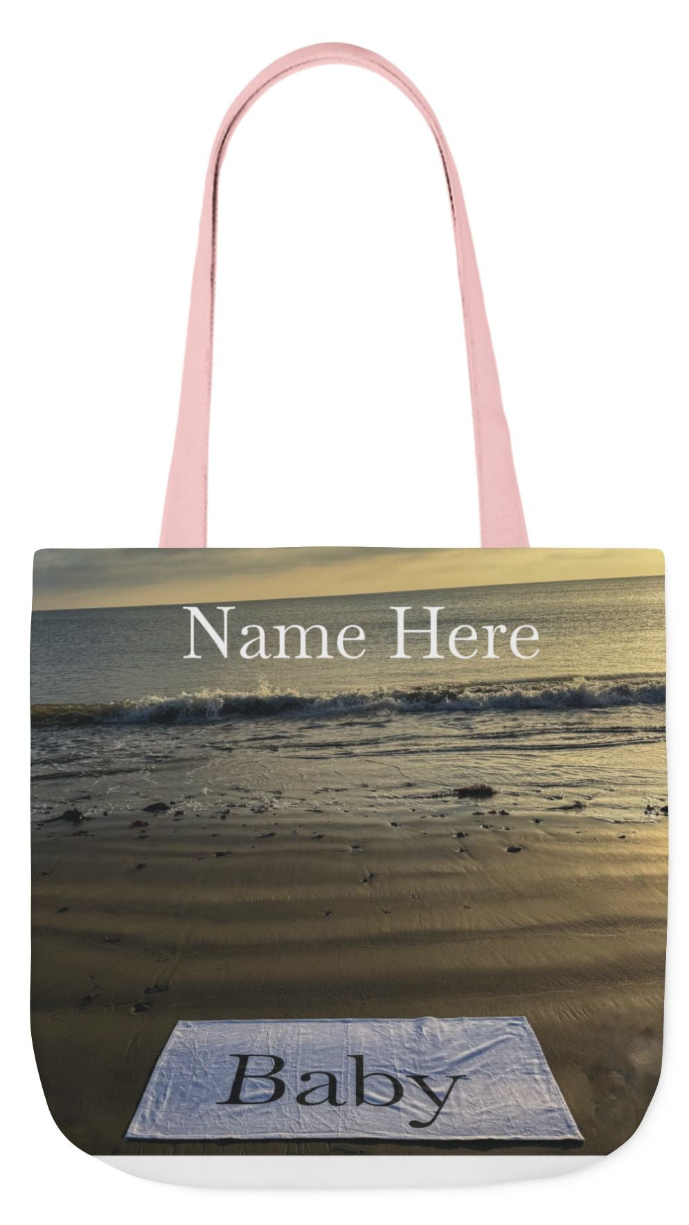 Baby Tote Bag 18" x 18" different print on each side. Handles color choice of White, Blue or Pink. "Daybreak & Sunny Seaside Baby Tote BagPersonalized"