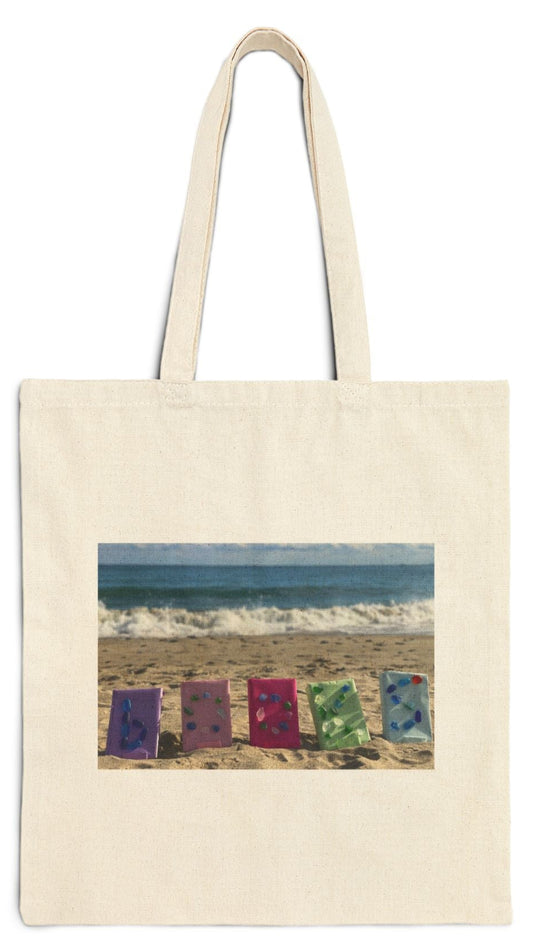 Book Tote Bag Natural Color 15" x 16" Cotton Canvas Print on One Side. "Books on the Sand"