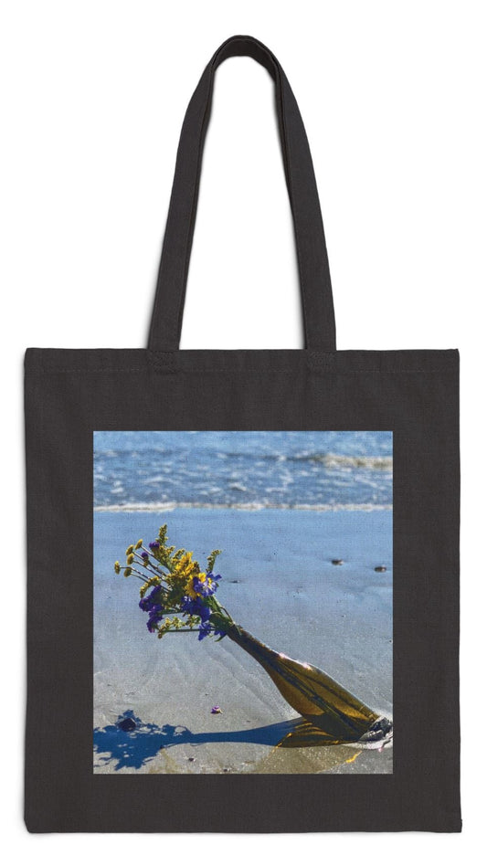 Floral Tote Bag Black 15" x 16" Cotton Canvas Print on One Side. "Beached Flowers in a Bottle"