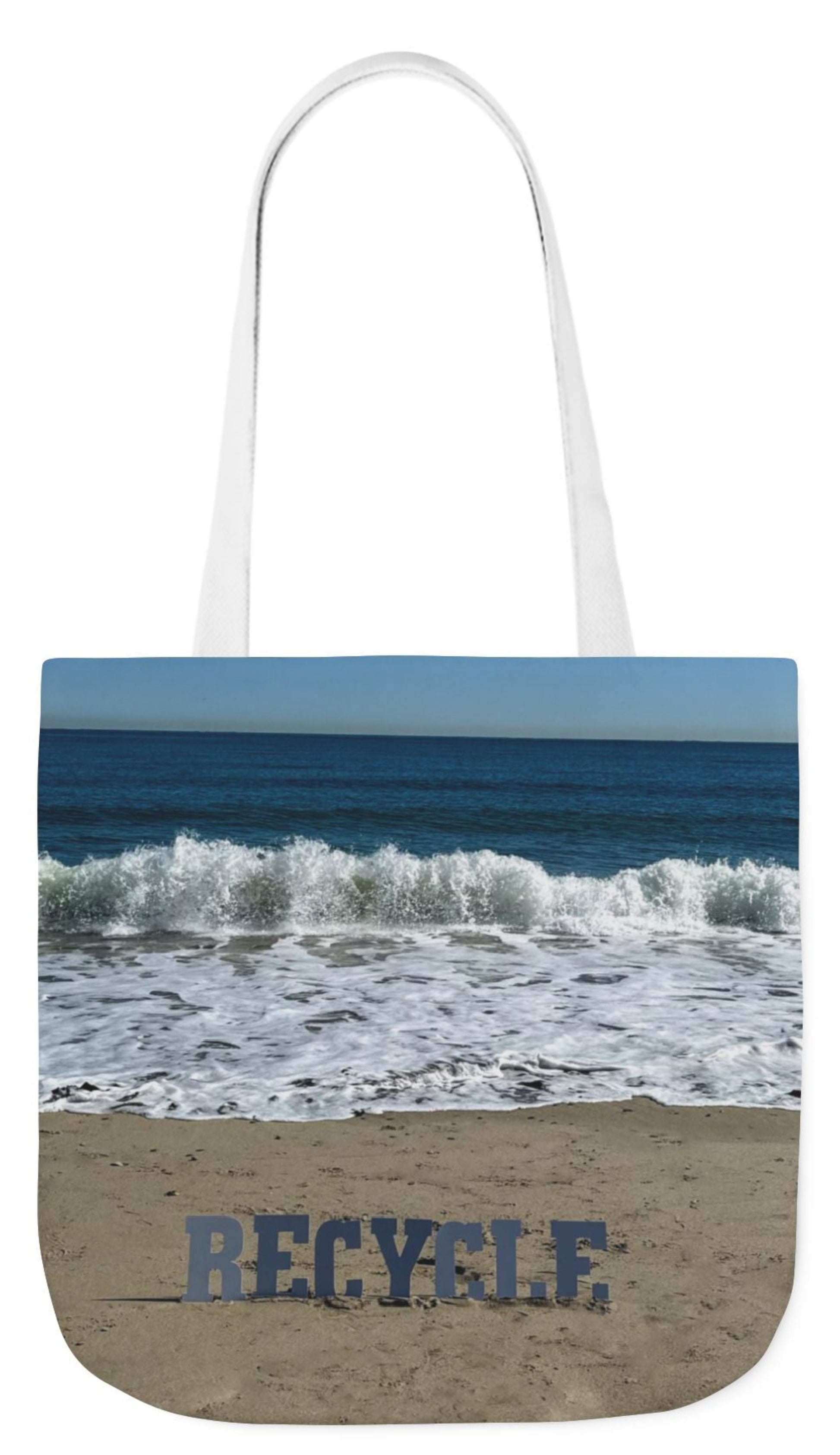 recycle in letters on a golden sand beach with a big wave in the background and blue sky white handles
