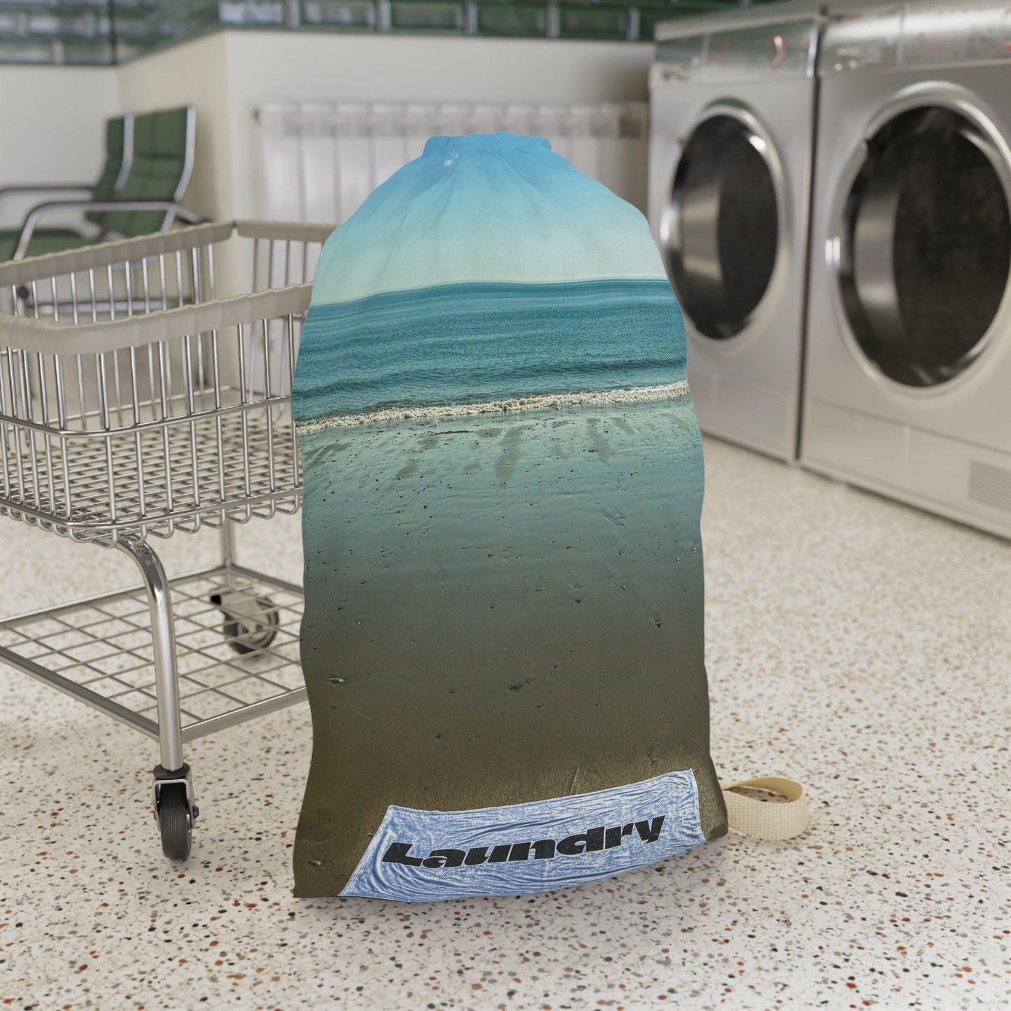 Laundry Bag with Shoulder Strap and Drawstring. Same print on both sides. "28 x 36". "Laundry Day at the Shore"