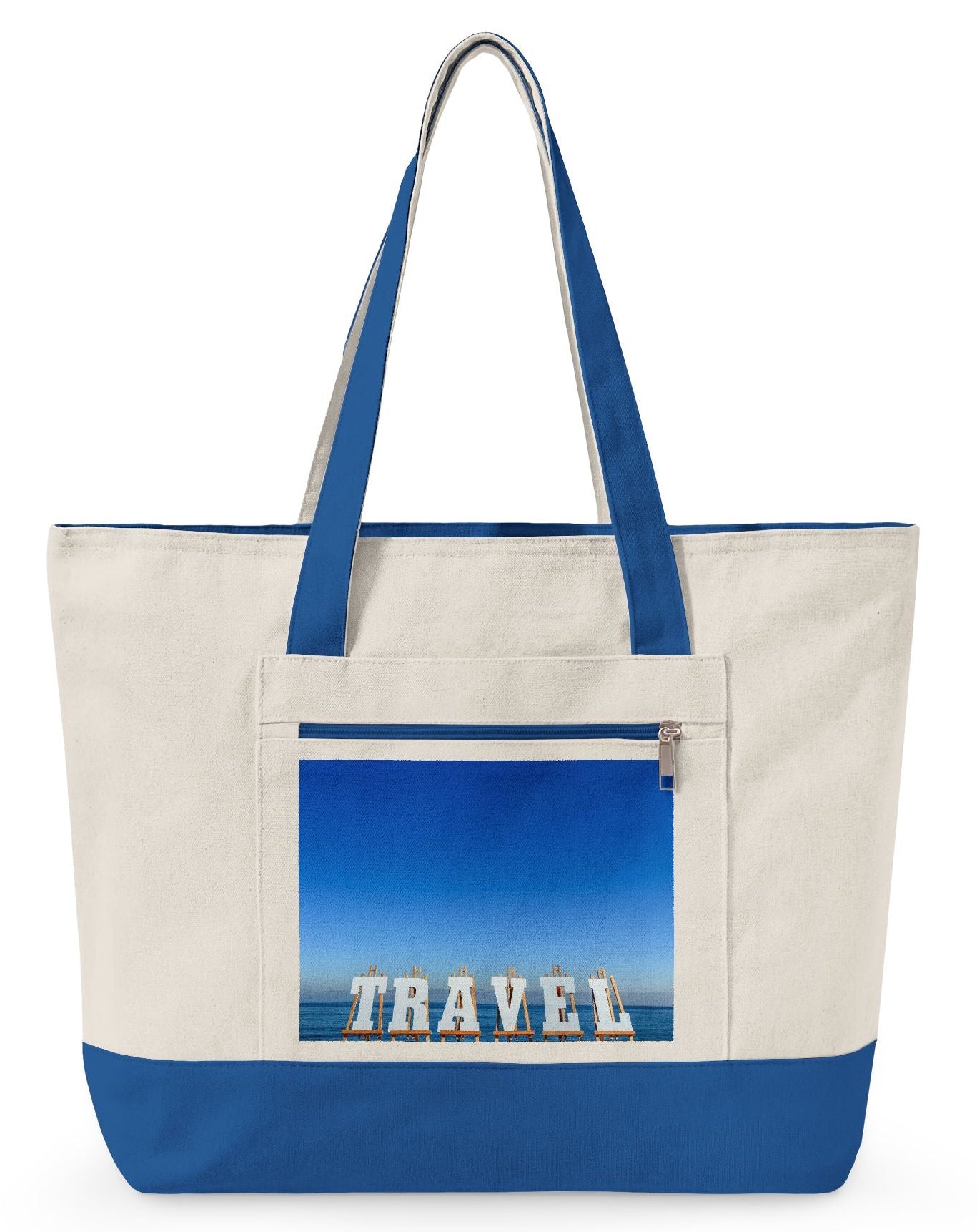 Travel Tote Bag with Zippers and Blue Trim. “Seaside Travel Bag with Zippers”