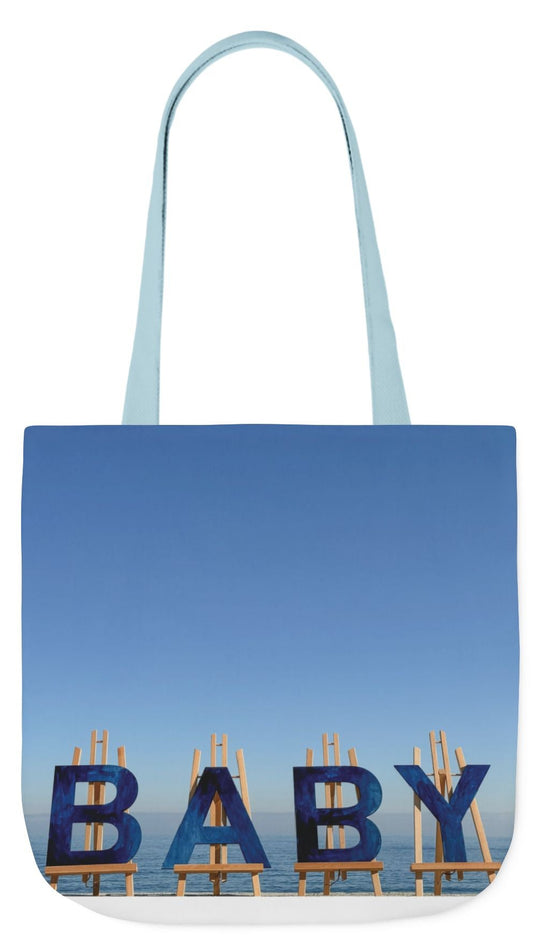 Baby Tote Bag (Blue Handles) 18” x 18”with the same print on each side. Blue or white handles option. "Shoreline Baby Tote Bag".