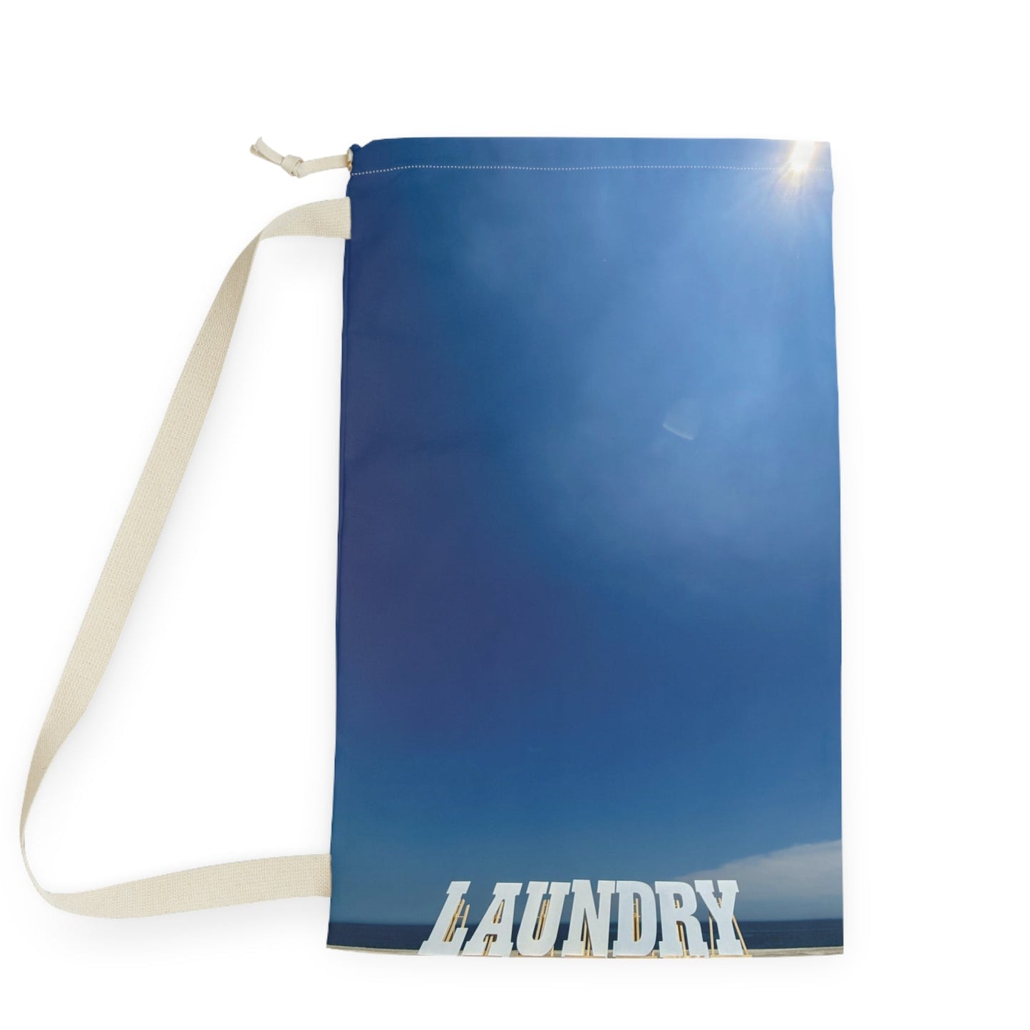 Laundry Bag with Shoulder Strap and Drawstring. 18" x 29" Same Print on Each Side “Seaside Reflections Laundry”