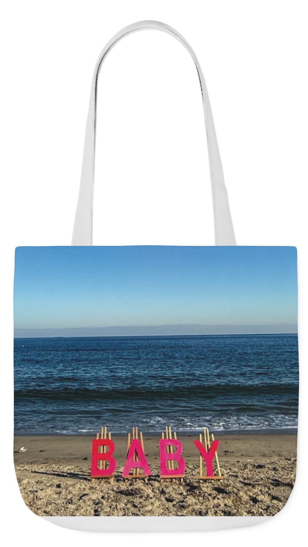 Baby Tote Bag 18” x 18” different print on each side with White or Pink Handles Choice. "Shoreline & Beach Baby Tote Bag Personalized"