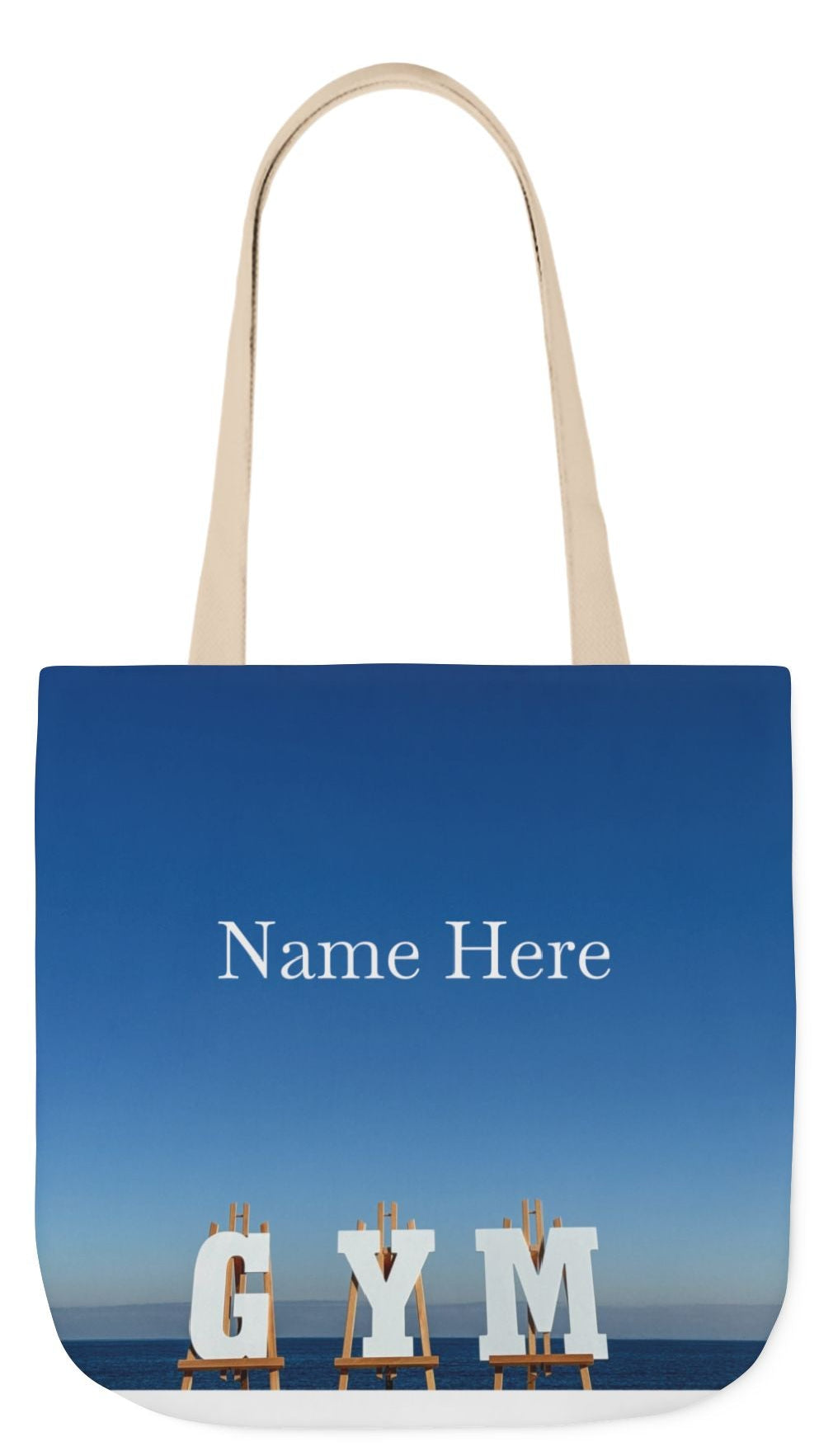 Gym Tote Bag 18” x 18” different print on each side. 5 Handle Color Options. “Seaside & Beach Gym Bag Personalized”