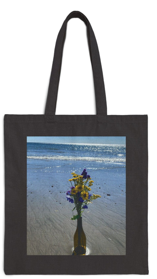 Floral Tote Bag Black 15" x 16" Cotton Canvas Print on One Side. "Beachy Flowers in a Bottle"