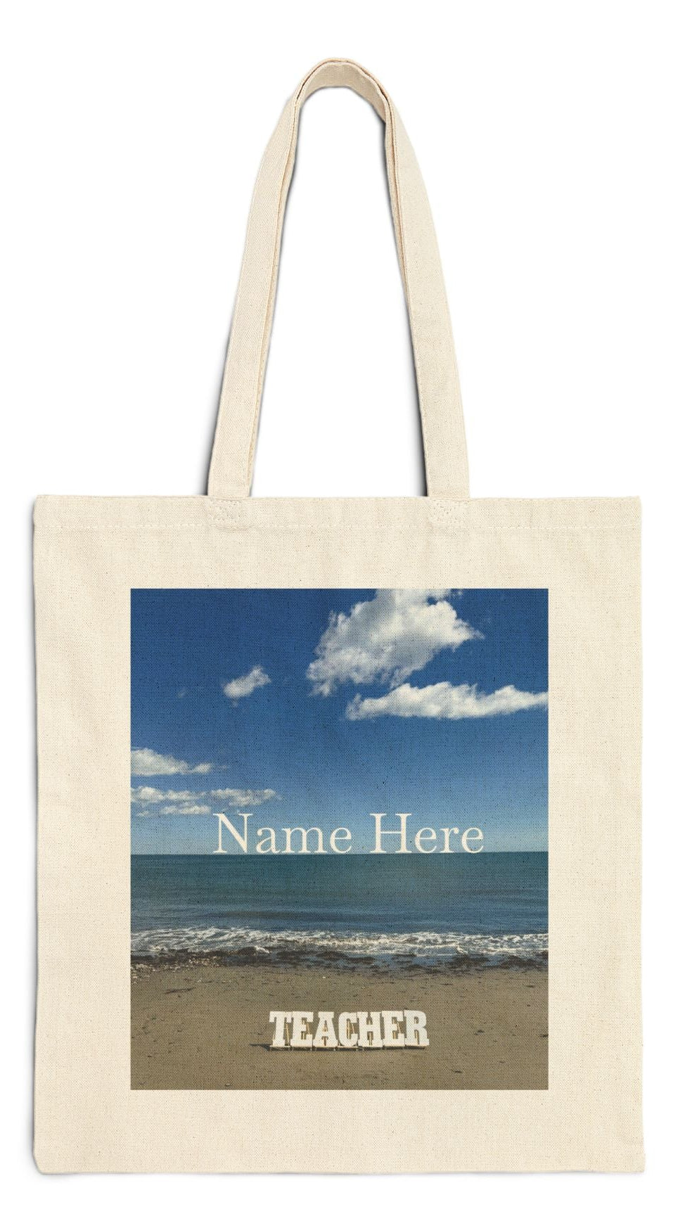 Teacher Tote Bag Natural Color 15" x 16" Print on One Side. " Teacher Beachside Tote Bag" (Personalize it)