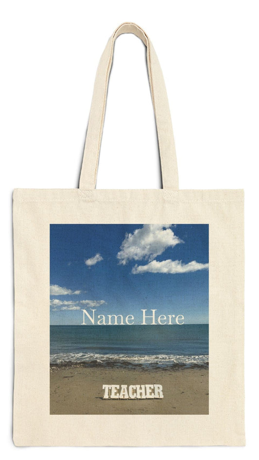 Teacher Tote Bag Natural Color 15" x 16" Print on One Side. " Teacher Beachside Tote Bag" (Personalize it)