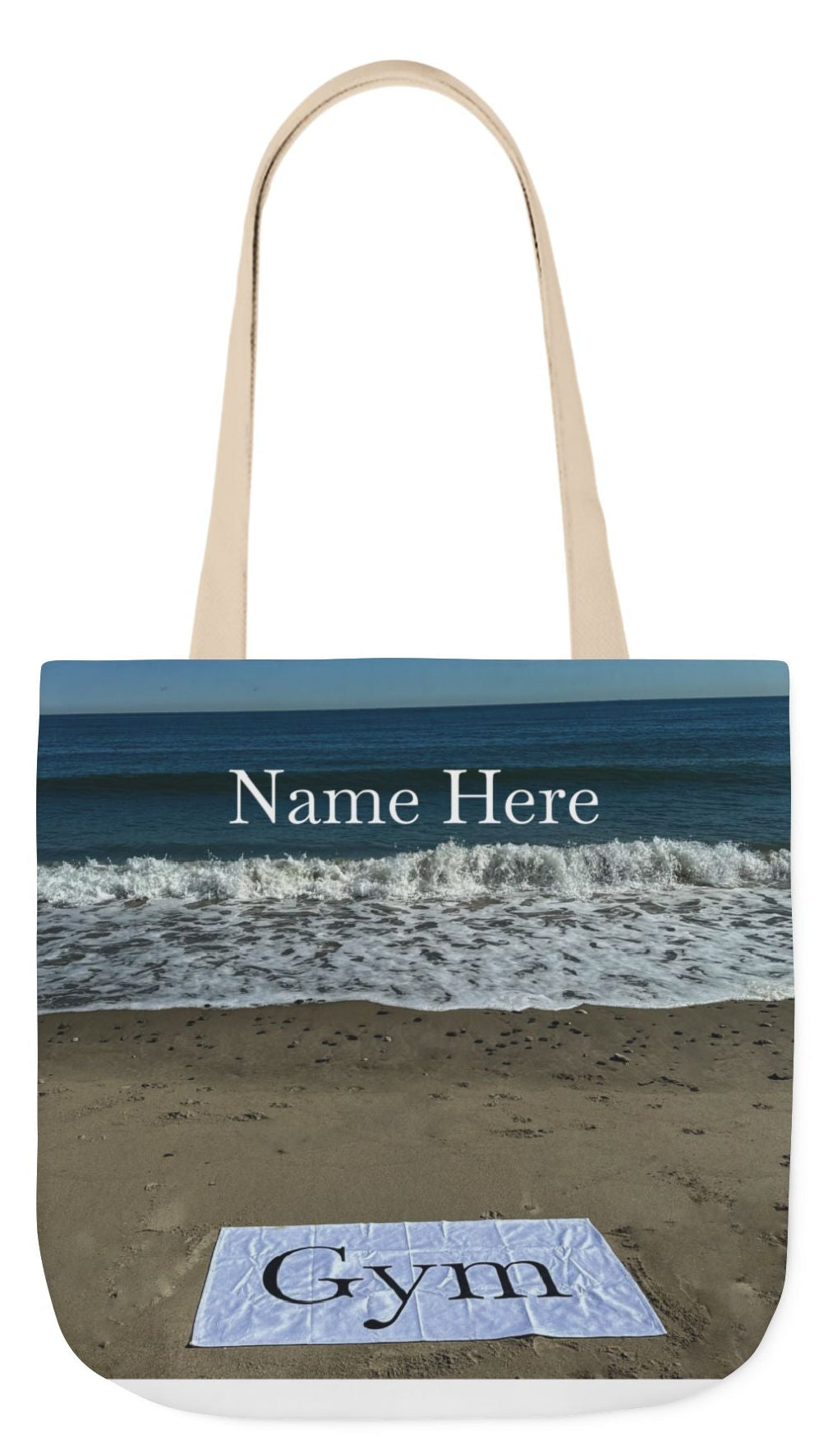 Gym Tote Bag 18” x 18” same print on each side. 5 Handle Color Options. "Beachfront Gym Bag Personalized"