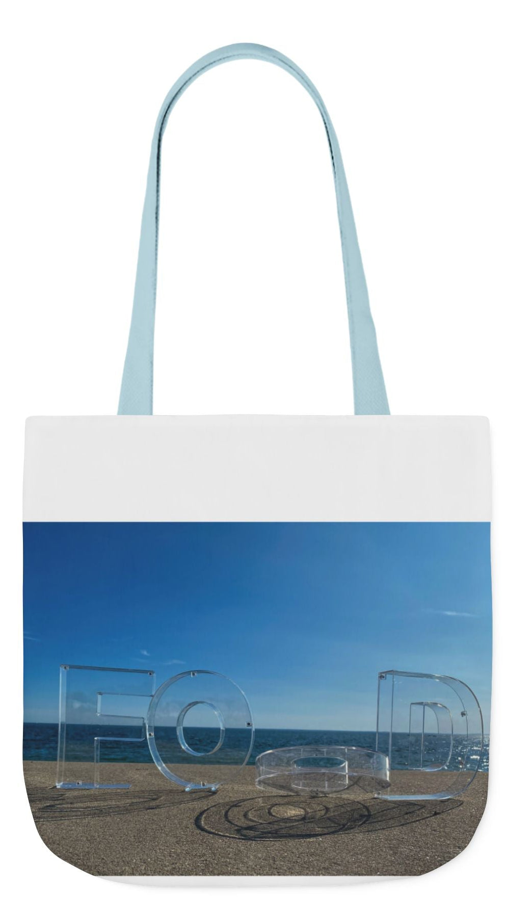 Food Tote Bag 18" x 18" Different Print on each side. 4 Handle Color Choices. "Seaside Food Reflections Bag"