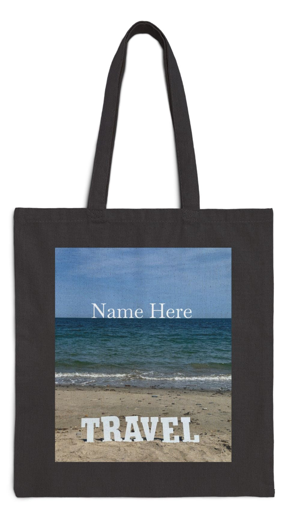 Travel Tote Bag Black 15” x 16” Cotton Canvas Print on One Side. “Seaside Travel Bag” (Personalize it)