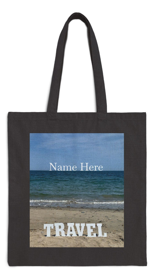 Travel Tote Bag Black 15” x 16” Cotton Canvas Print on One Side. “Seaside Travel Bag” (Personalize it)