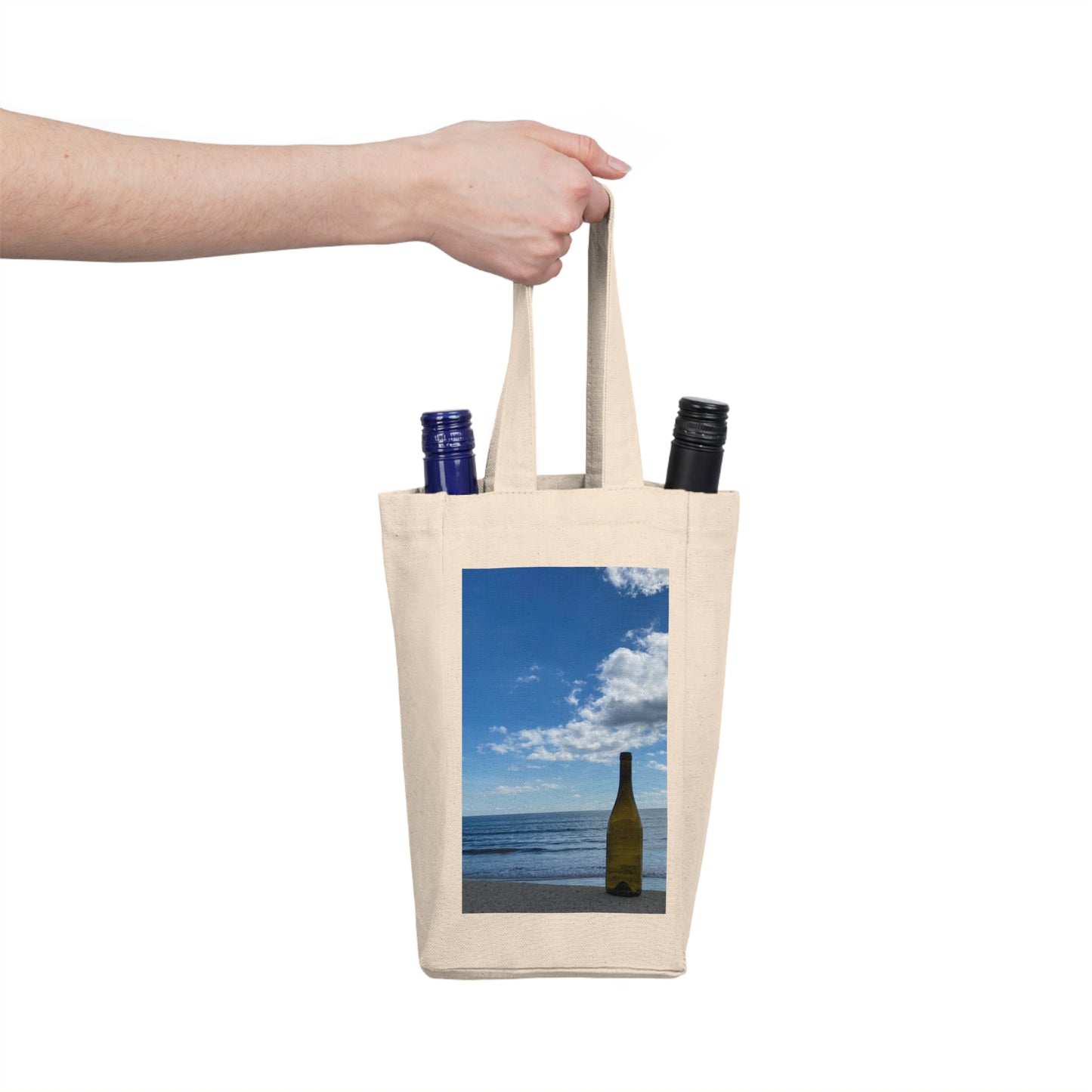 Wine Tote Bag Double (Two Bottles) with Print on One Side. "Shoreline Cloud Bottle"