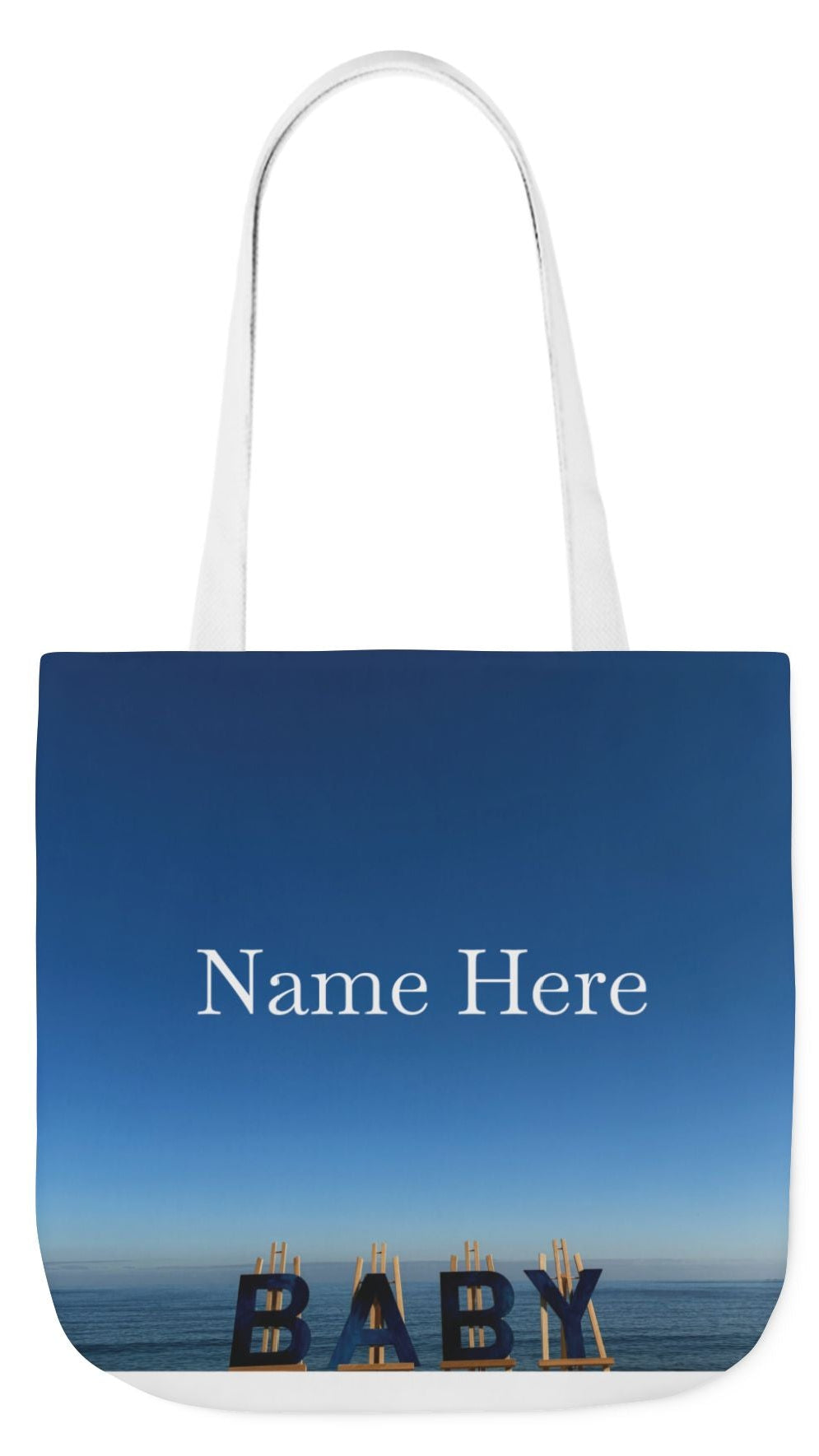 Baby Tote Bag 18” x 18” different print each side and choice of blue or white handles. "Shoreline & Beach Baby Tote Bag Personalized"