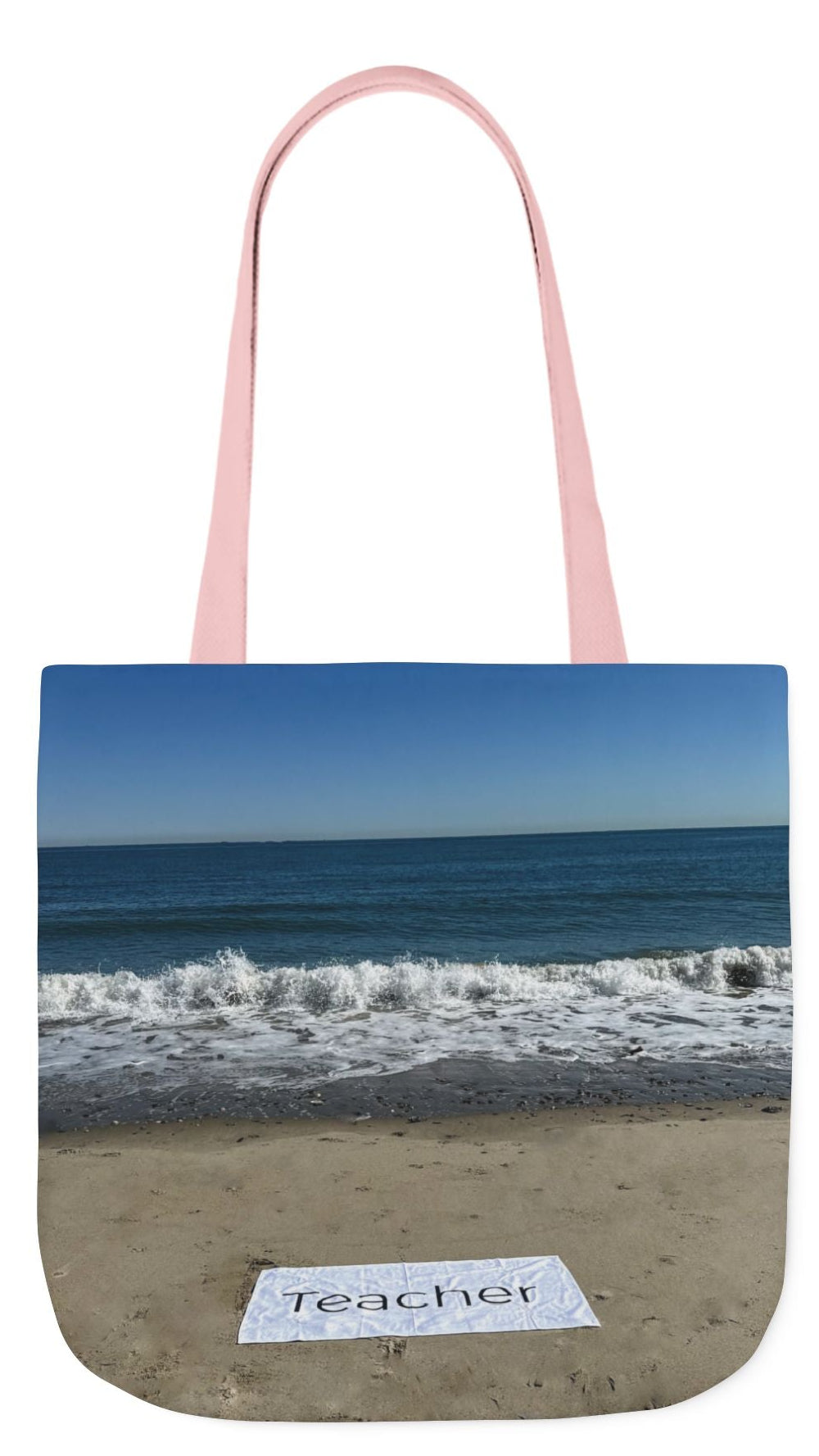 Teacher Tote Bag 18” x 18”  same print on each side. 5 Handle Color Options. “Beachfront Teacher Bag”